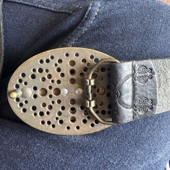 Vintage Y2K Fossil Western Tooled Belt With Turquoise Center Boho Size L - Picture 7 of 12